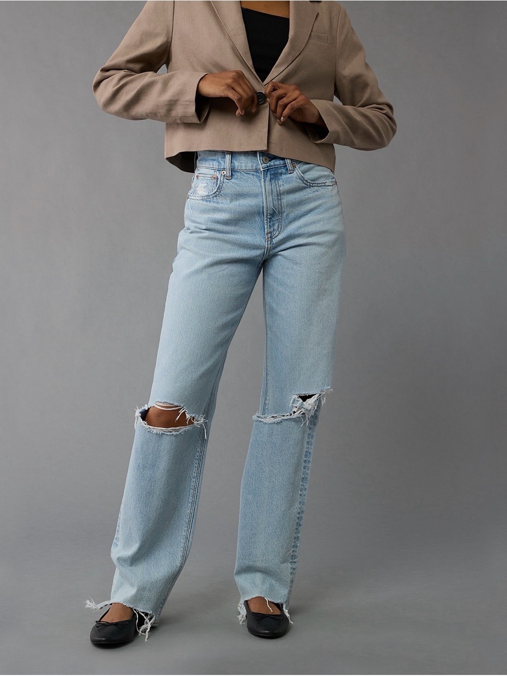 American Eagle Outfitters Light Blue Distressed Straight-Leg Jeans
